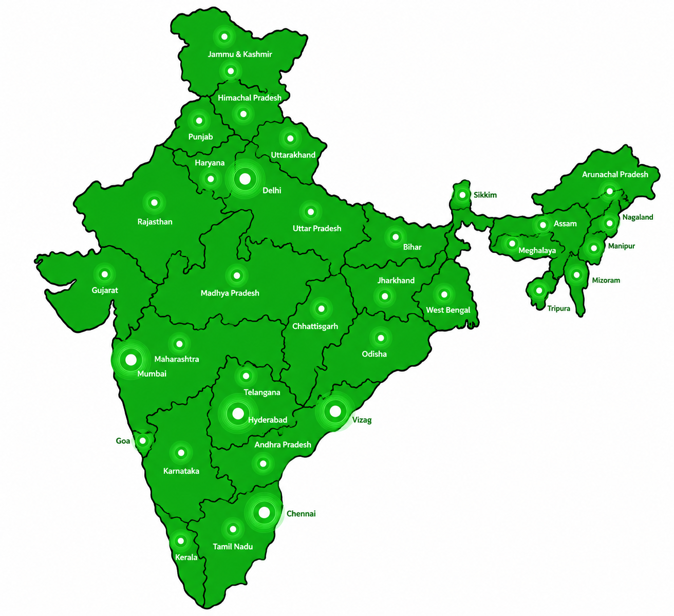 Green India map with state and major-city ripple markers